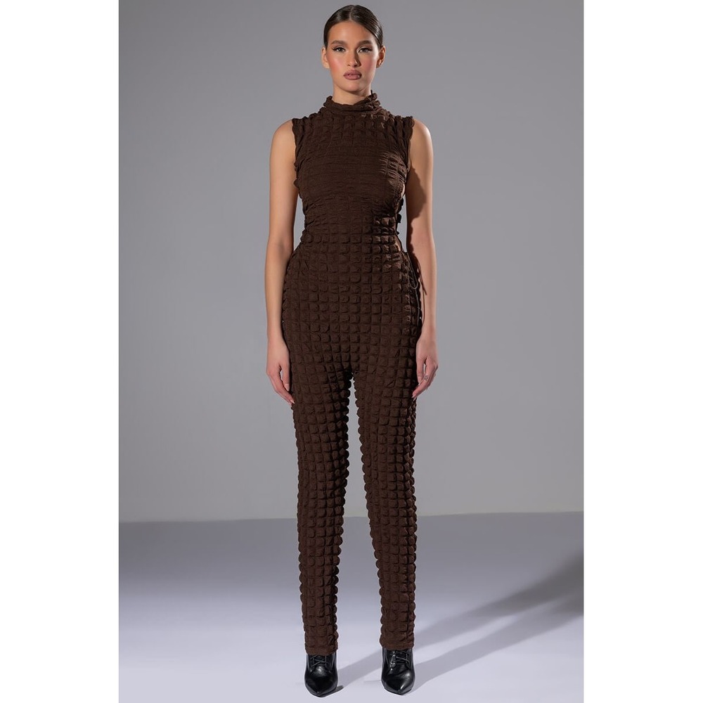Akira Popcorn Textured Lace Up Side Cutout Jumpsuit Brown Mock Neck Large